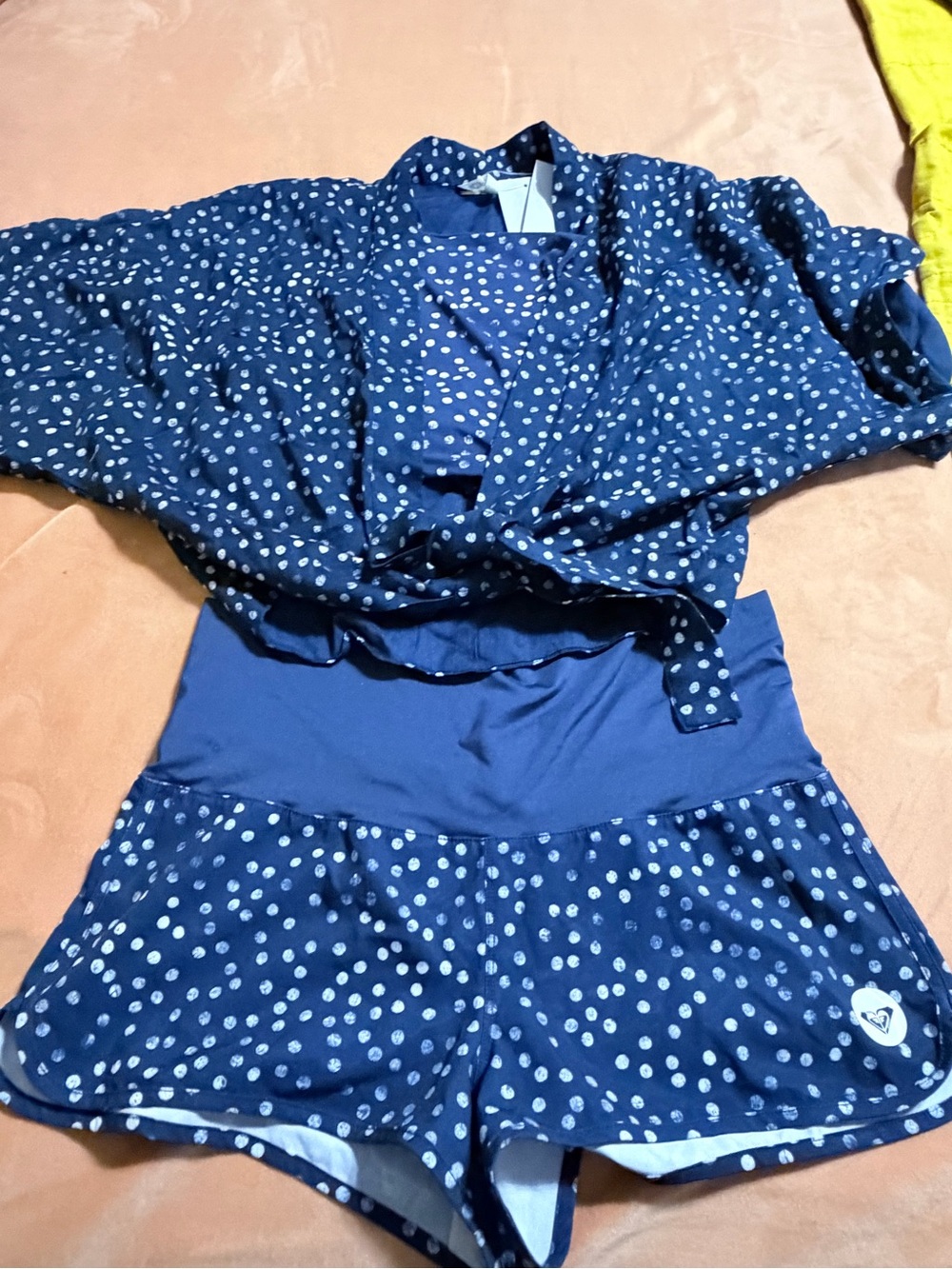Roxy Navy Polka Dot Crop Top & Swim Shorts Set with matching tie shirt - Picture 5 of 8